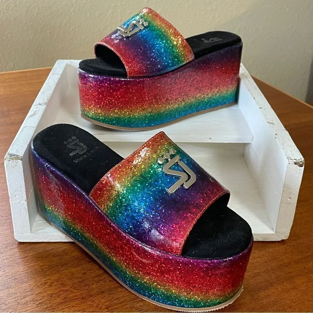 Shane Justin Rainbow Glitter Platform Sandals Shoes Euro Size 35 / US Size 5